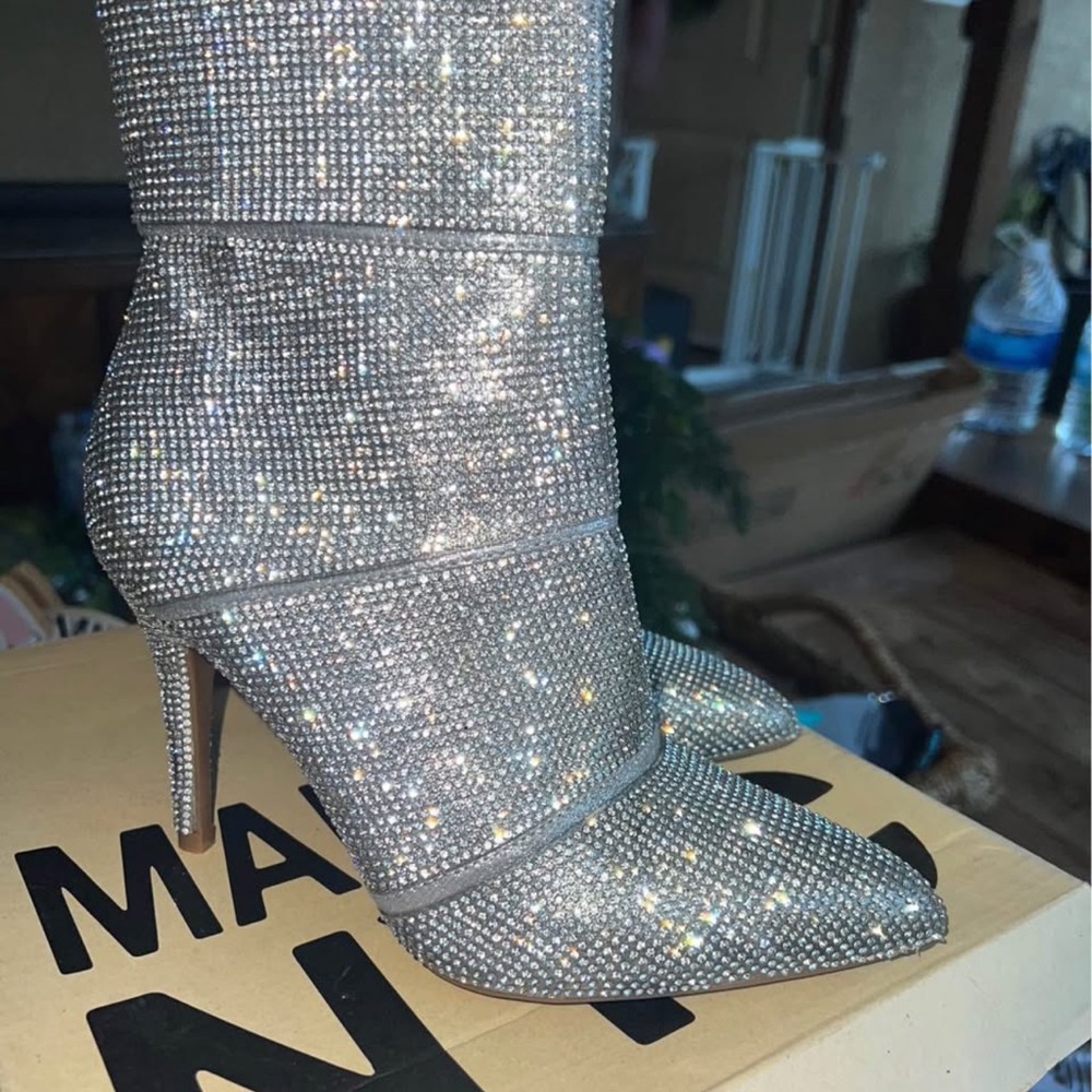 Steve Madden Silver Heeled Boots with Rhinestone Embellishments